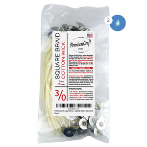 PremiumCraft Square Braid Cotton Candle Wick - #3/0, Tabbed, Waxed (50 Count)