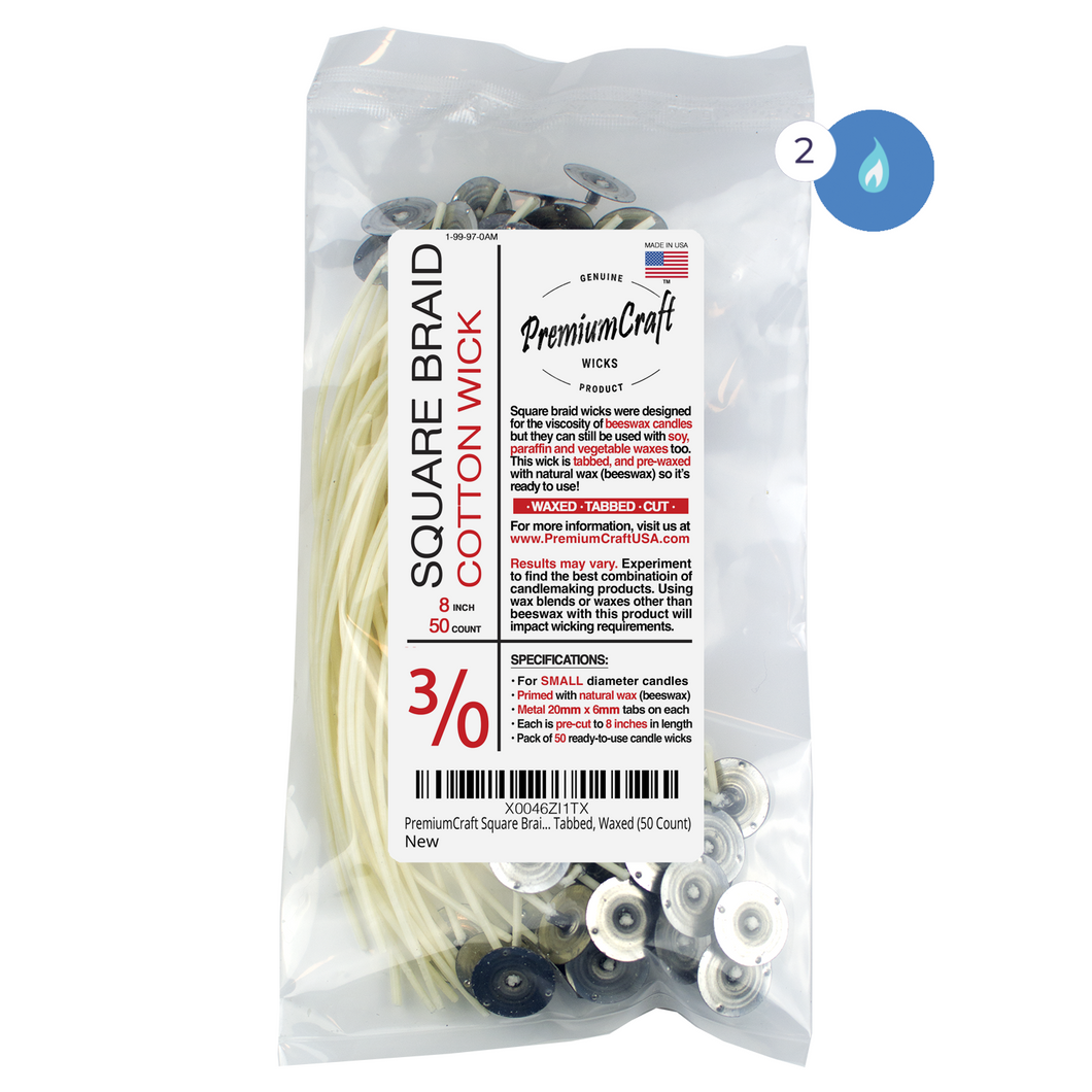 PremiumCraft Square Braid Cotton Candle Wick - #3/0, Tabbed, Waxed (50 Count)