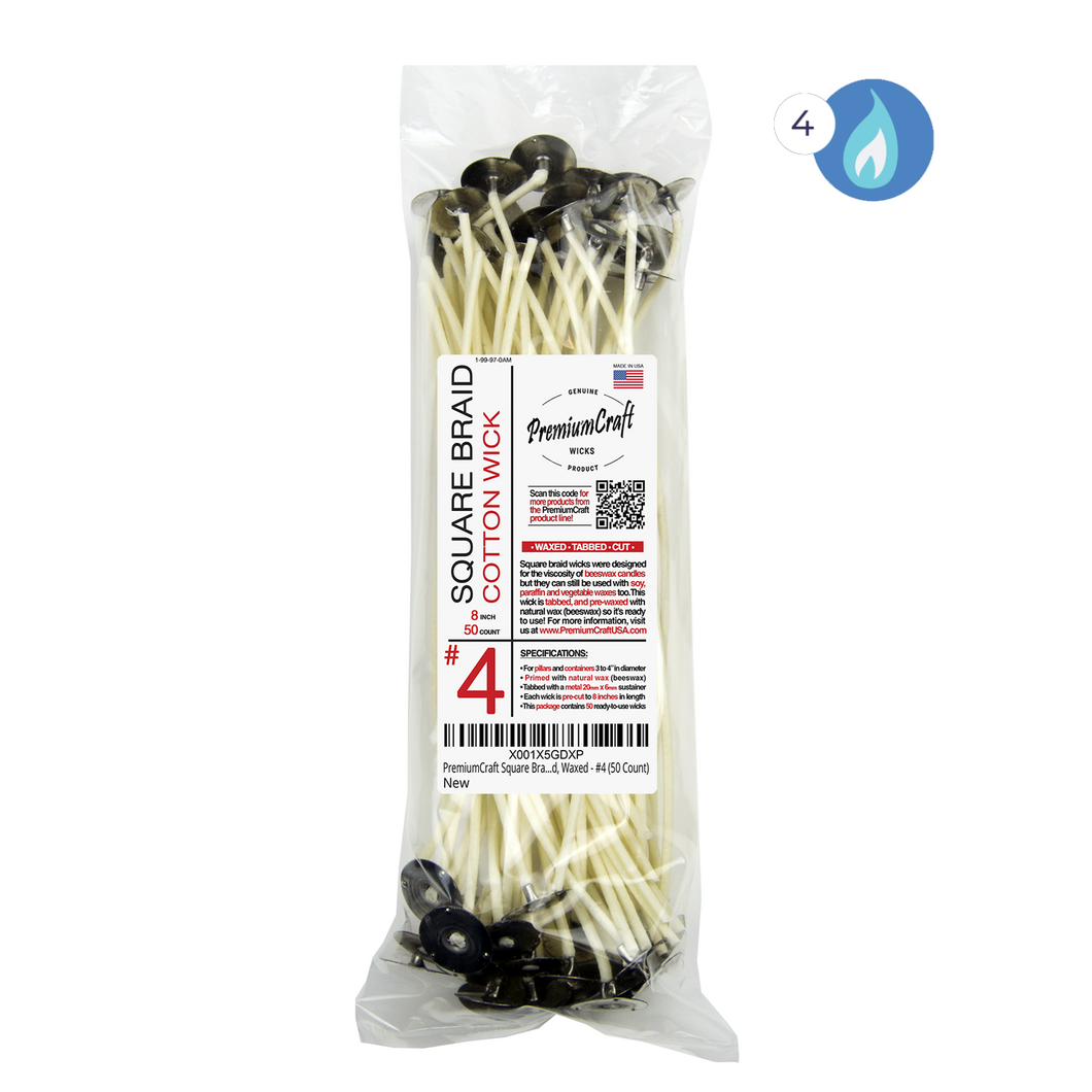 PremiumCraft Square Braid Cotton Candle Wick - #4, Tabbed, Waxed (50 Count)