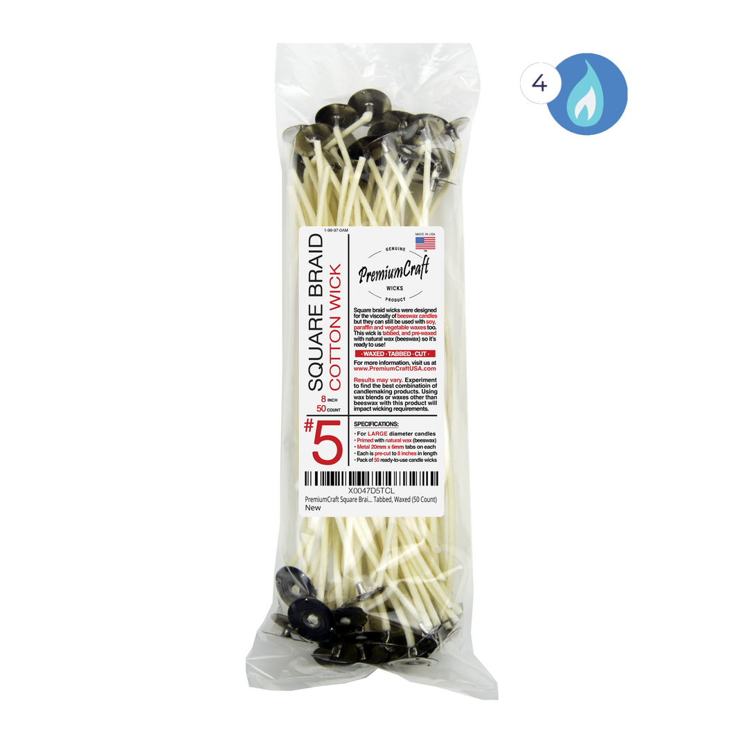 PremiumCraft Square Braid Cotton Candle Wick - #5, Tabbed, Waxed (50 Count)