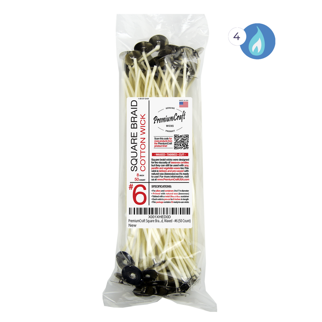 PremiumCraft Square Braid Cotton Candle Wick - #6, Tabbed, Waxed (50 Count)
